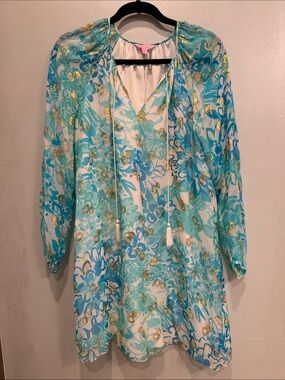 Lilly Pulitzer Aqua and Gold Floral Long Sleeve Tunic Dress